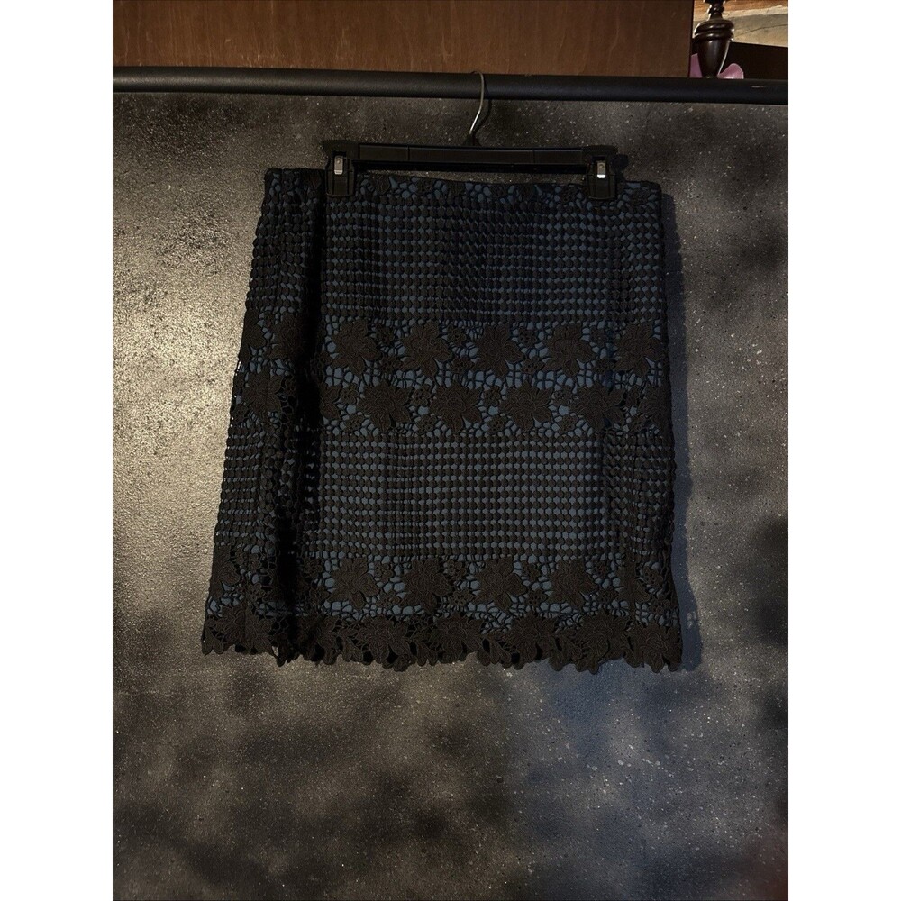 Loft Women's size 8 Teal Lining Black Lace Crochet Overlay Skirt Church Party